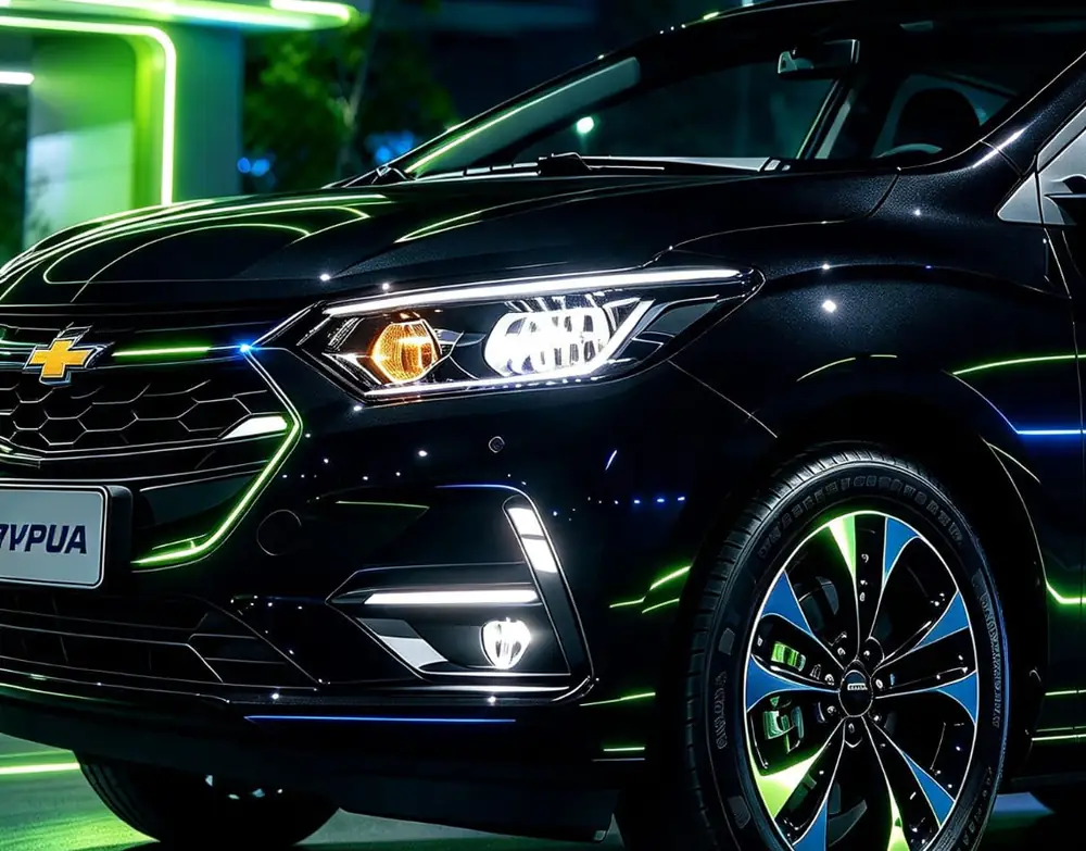 Farol aceso de um carro POP UAÍ à noite