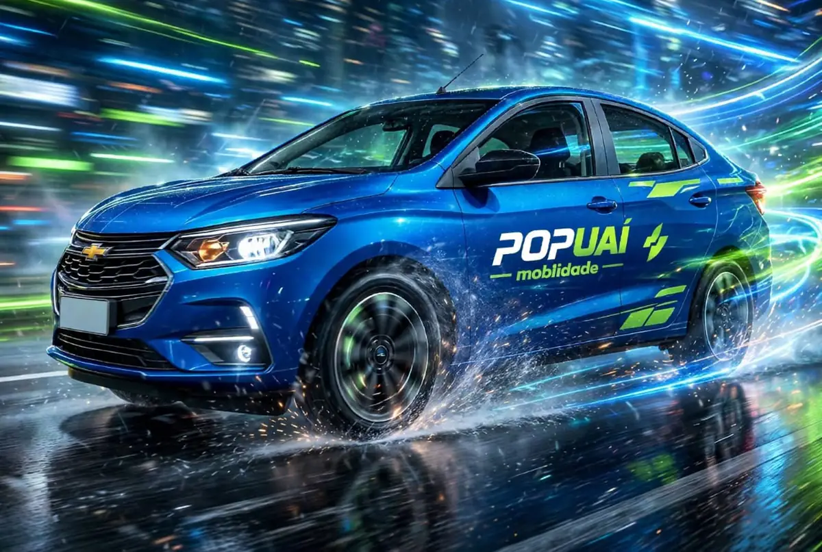 Carro azul POP UAÍ andando na chuva à noite